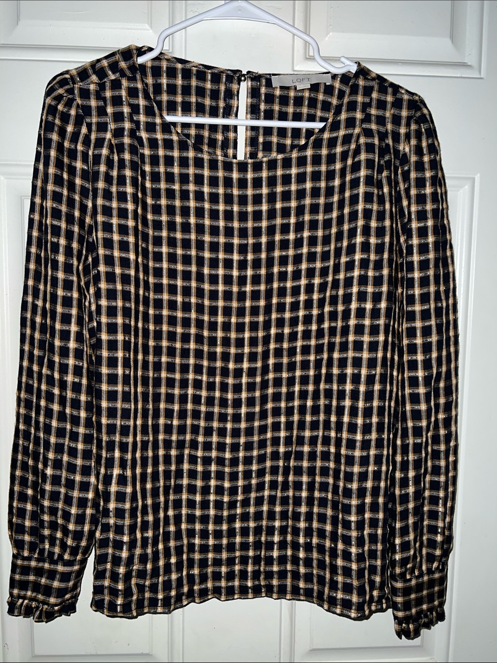 LOFT Black and Tan Checked Square-Neck Blouse